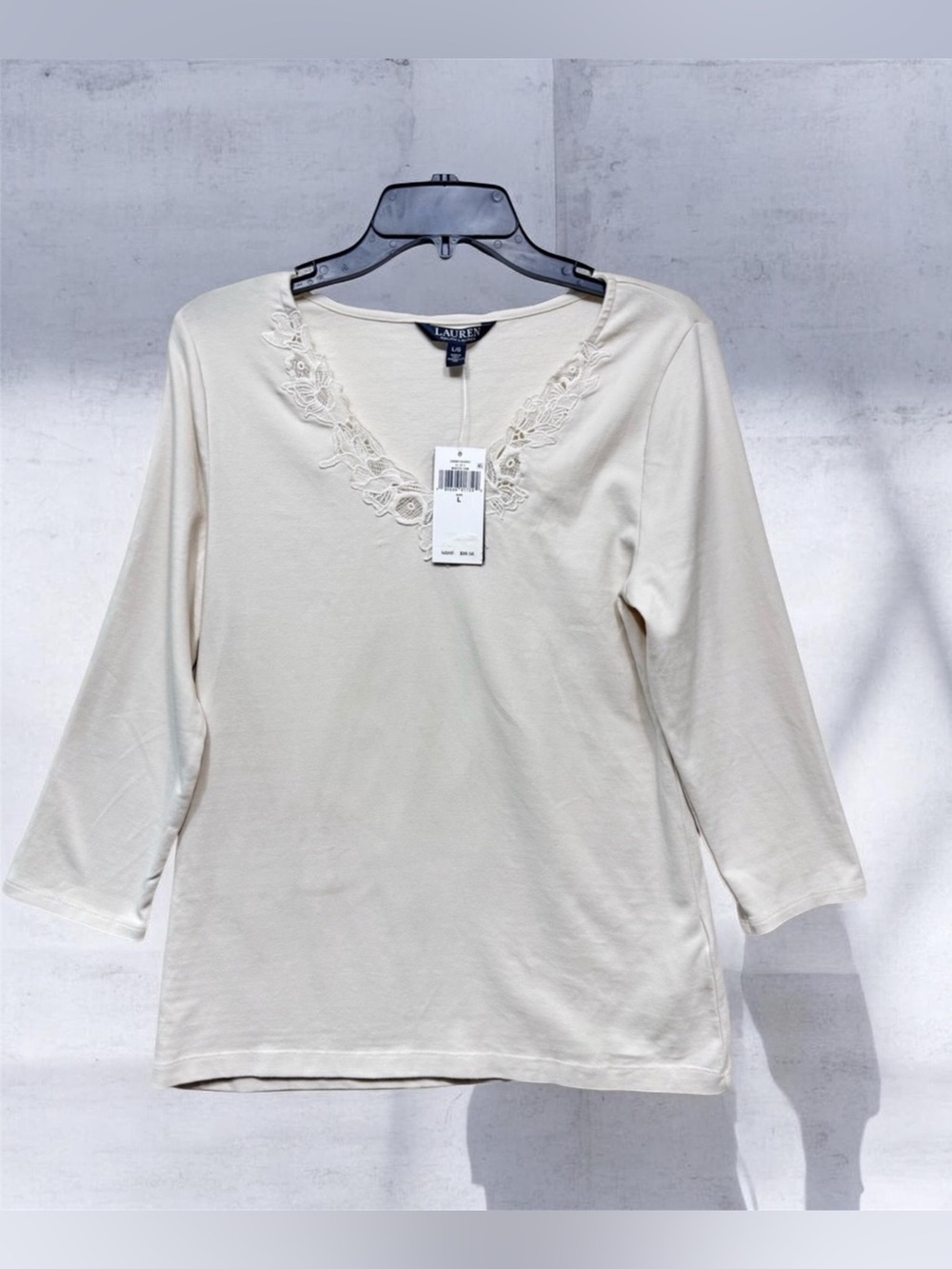 Lauren ralph lauren Lace-Trim Stretch Cotton 3/4 sleeve Top size large nwt